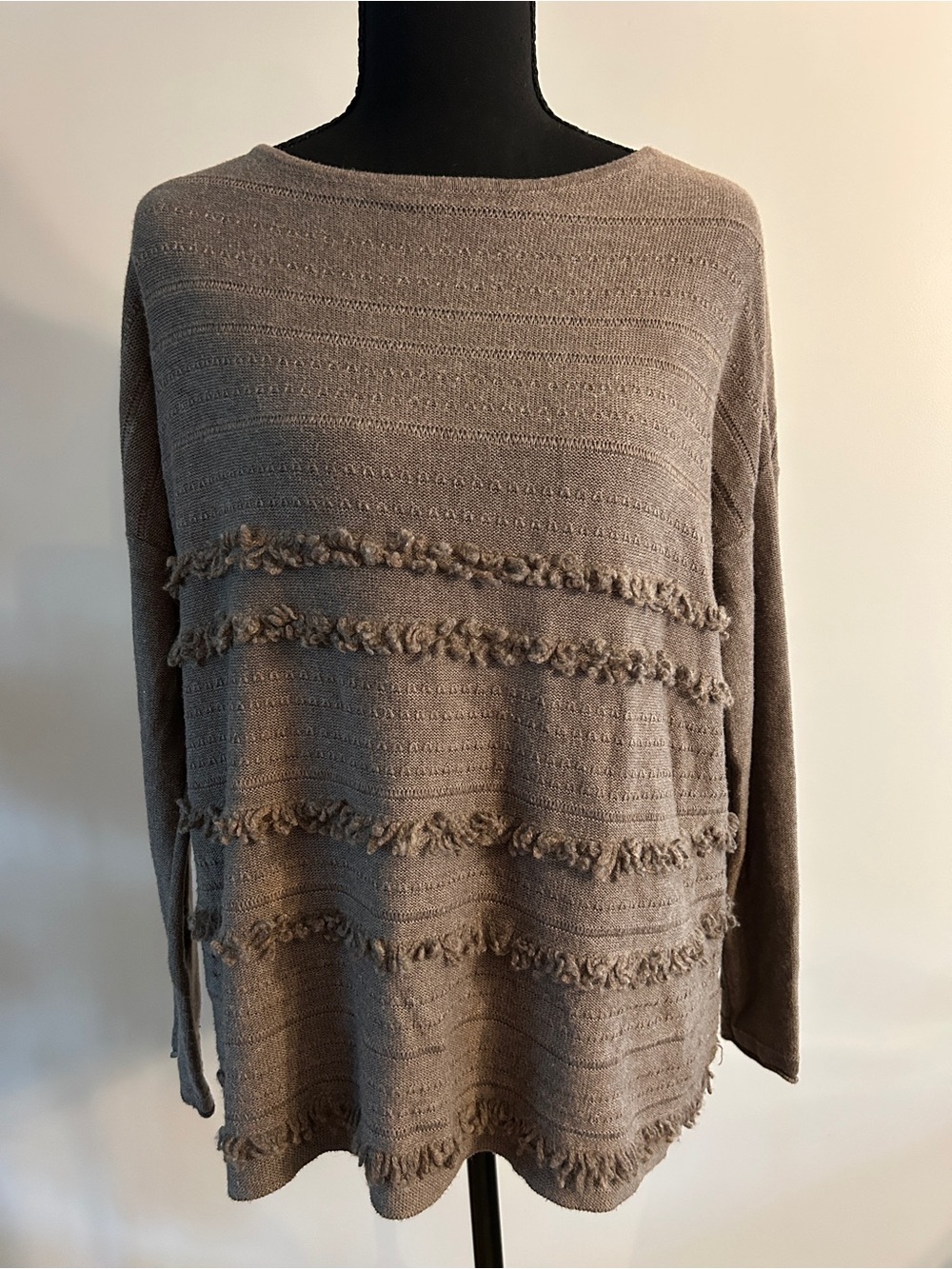 J. Jill Taupe Fringe Boatneck Knit Sweater